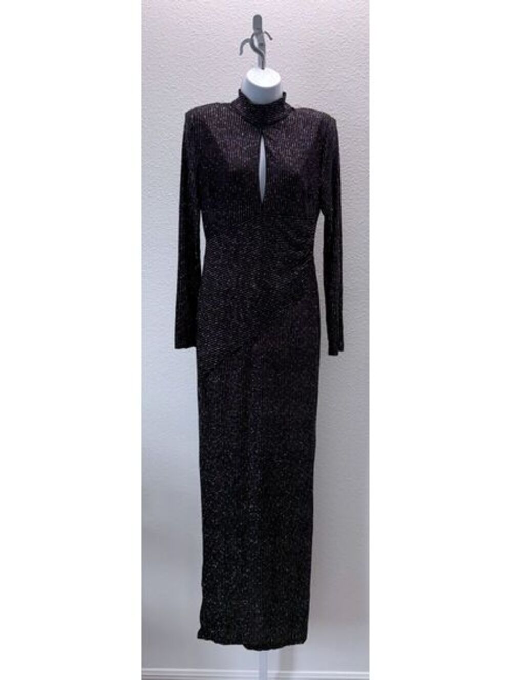 Luxxel Black Metallic Glitter Open Back Cutout Mock Neck Maxi Dress Women Size L